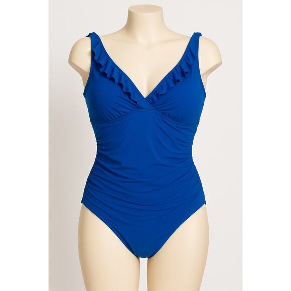 Ralph Lauren Royal Blue Ruffle OnePiece Swimsuit Size 16 Tummy Control Underwire - Picture 2 of 6